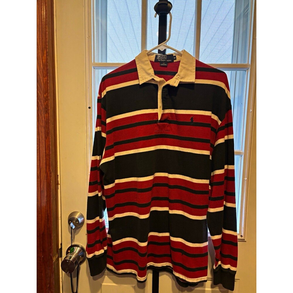 VINTAGE RARE Polo by Ralph Lauren Men's M Striped Rugby Polo Red Black White